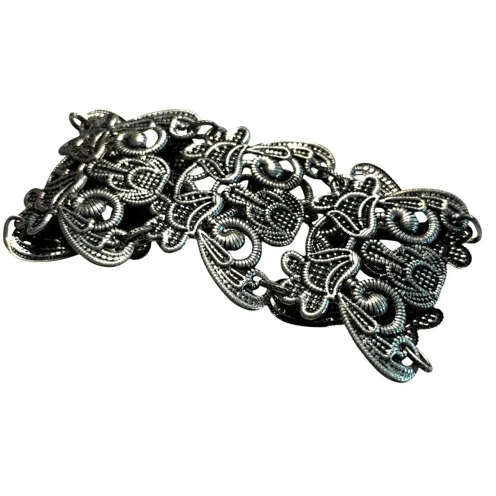 Vintage Premier Designs Wide Silver Panel Chain Bracelet textured ornate Boho